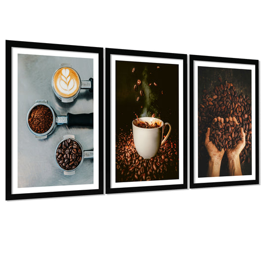 Set de 3 Cuadros de Café Tostado Ilustración impresa en estilo Fotográfico para decorar las paredes de Cocina, Despensa, Comedor, Restaurante, Cafetería