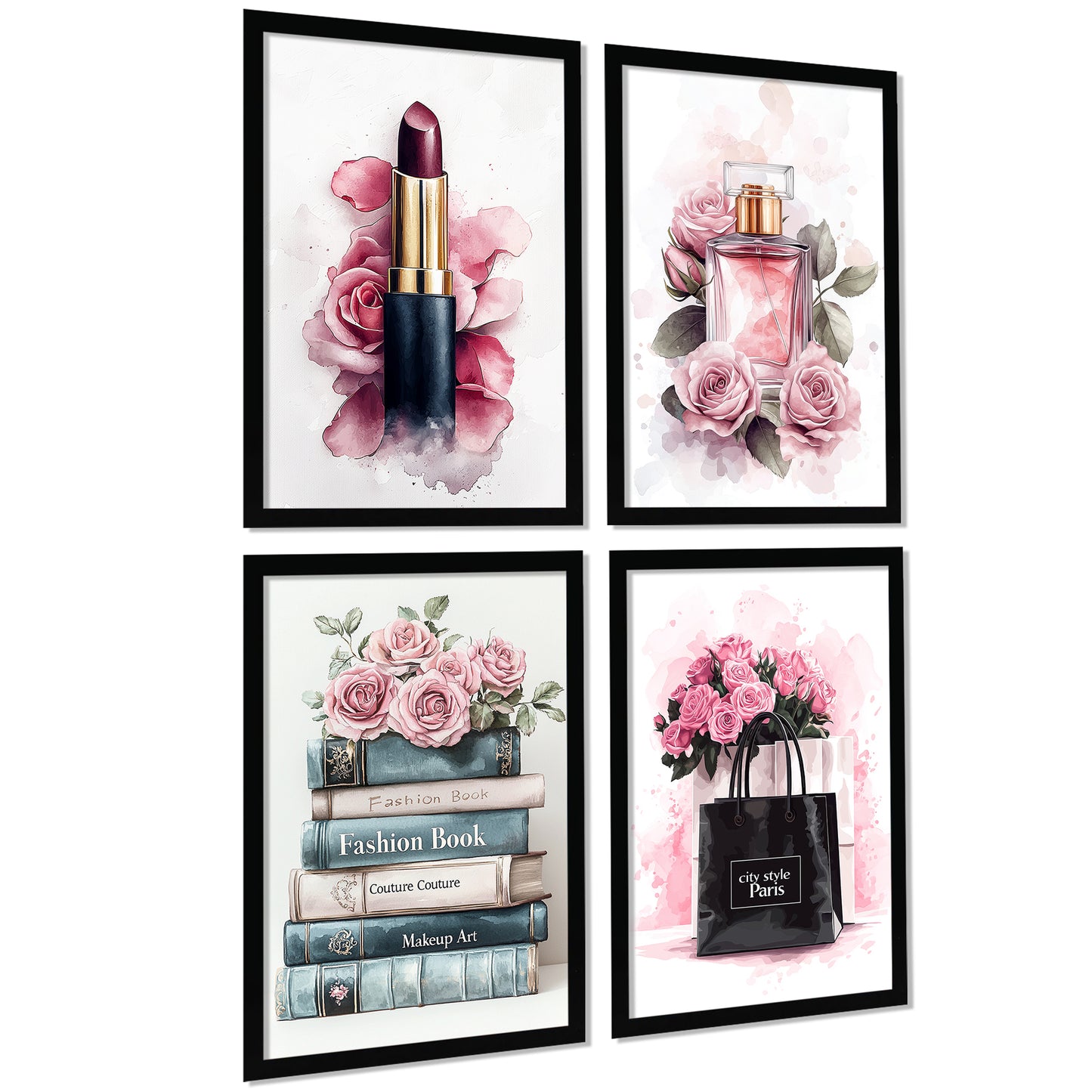 Set de 4 Pósteres de Maquillaje y Cosmética Impresión Belleza Flores, Bolso, Perfume, Lápiz Labial ilustración para decorar las paredes del Inodoro, Tocador, Baño, Vestidor, Salón