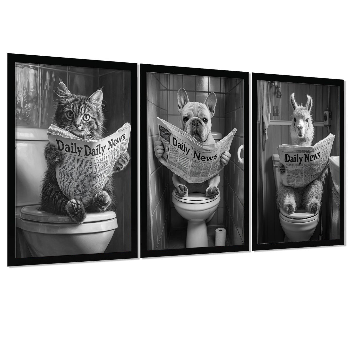 Set de 3 Cuadros Animales Leyendo Periódico En El Inodoro, Gato, Perro, Llama, Póster en Blanco y Negro con Ilustración Impresa en Estilo B/N para Decorar las Paredes del Inodoro, Baño, Lavabo, WC