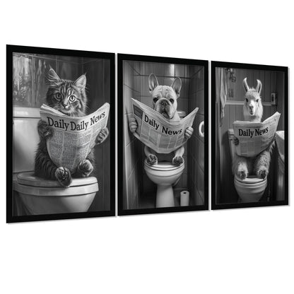 Set de 3 Cuadros Animales Leyendo Periódico En El Inodoro, Gato, Perro, Llama, Póster en Blanco y Negro con Ilustración Impresa en Estilo B/N para Decorar las Paredes del Inodoro, Baño, Lavabo, WC