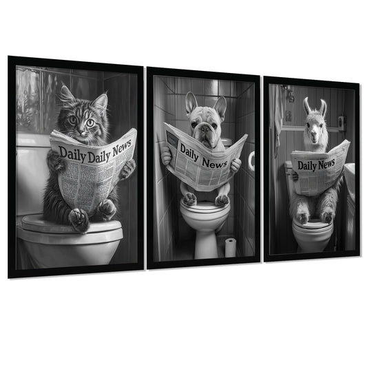 Set de 3 Cuadros Animales Leyendo Periódico En El Inodoro, Gato, Perro, Llama, Póster en Blanco y Negro con Ilustración Impresa en Estilo B/N para Decorar las Paredes del Inodoro, Baño, Lavabo, WC