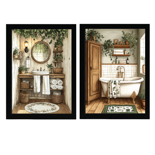 Set de 2 Cuadros de Baño Rústicos con Ilustración Impresa en Estilo Pintura al Óleo Vintage para Decorar, Arte de Pared para Inodoro, Ducha, Baño, WC de Casa de Granja