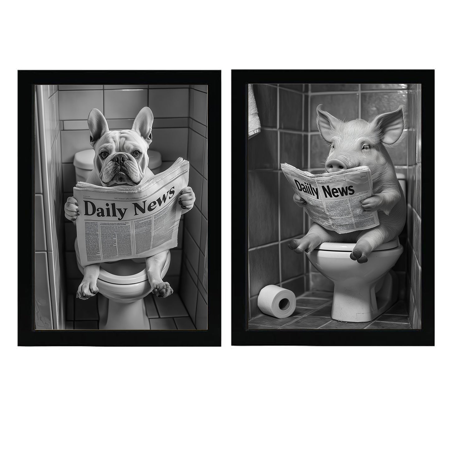 Set de 2 Cuadros de Animales con Periódico en el WC, Perro, Cerdo, Blanco y Negro con Ilustración Impresa en Estilo B/N para Decorar las Paredes del WC, Cuarto de Baño, Aseo, WC