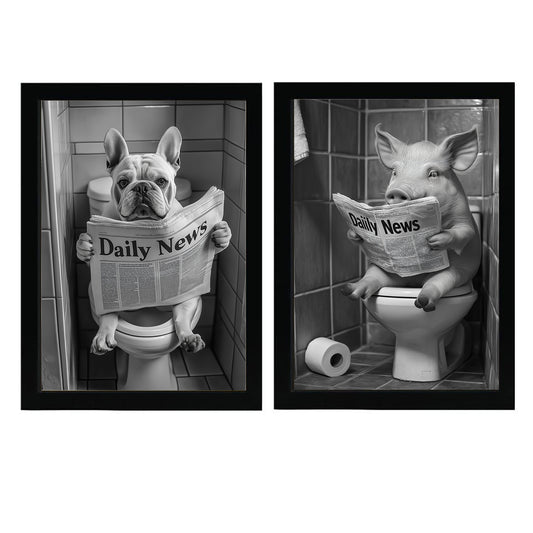 Set de 2 Cuadros de Animales con Periódico en el WC, Perro, Cerdo, Blanco y Negro con Ilustración Impresa en Estilo B/N para Decorar las Paredes del WC, Cuarto de Baño, Aseo, WC