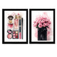 Set de 2 Cuadros de Maquillaje y Cosmética con Flores Rosas, Ilustración impresa para decorar las paredes del WC, Tocador, Baño, Vestidor, Salón