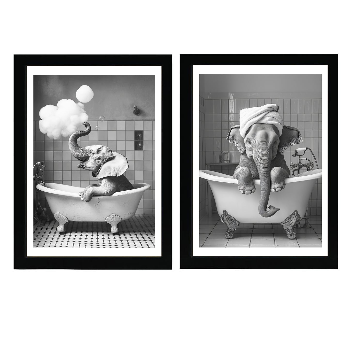 Set de 2 Cuadros Elefante en la Bañera con Simpáticos Animales en Blanco y Negro Ilustración impresa para decorar las paredes del Inodoro, Ducha, Cuarto de baño, Aseo, WC