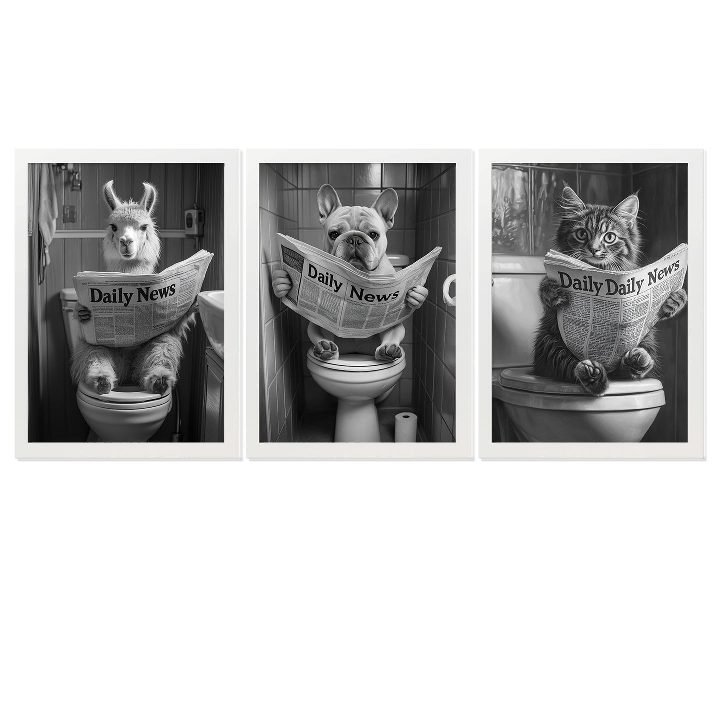Set de 3 Cuadros Animales Leyendo Periódico En El Inodoro, Gato, Perro, Llama, Póster en Blanco y Negro con Ilustración Impresa en Estilo B/N para Decorar las Paredes del Inodoro, Baño, Lavabo, WC