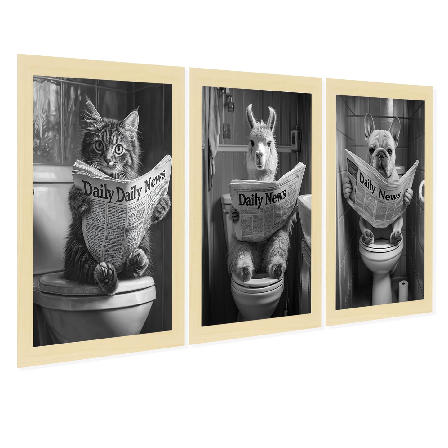 Set de 3 Cuadros Animales Leyendo Periódico En El Inodoro, Gato, Perro, Llama, Póster en Blanco y Negro con Ilustración Impresa en Estilo B/N para Decorar las Paredes del Inodoro, Baño, Lavabo, WC