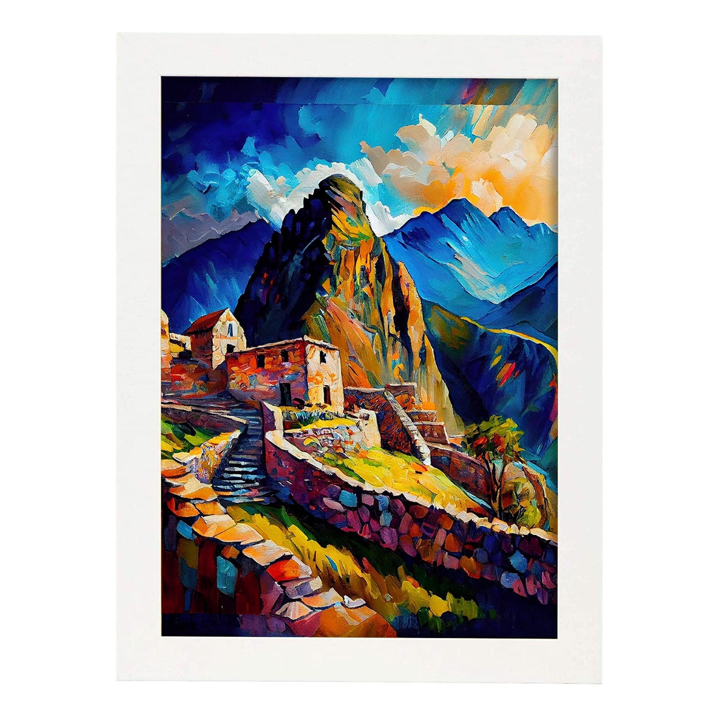 Montañas Nacnic Machu Picchu Antes Perú Pinción al óleo. Estampados de arte de pared estético para el diseño de dormitorio o sala de estar.-Artwork-Nacnic-A4-Marco Blanco-Nacnic Estudio SL