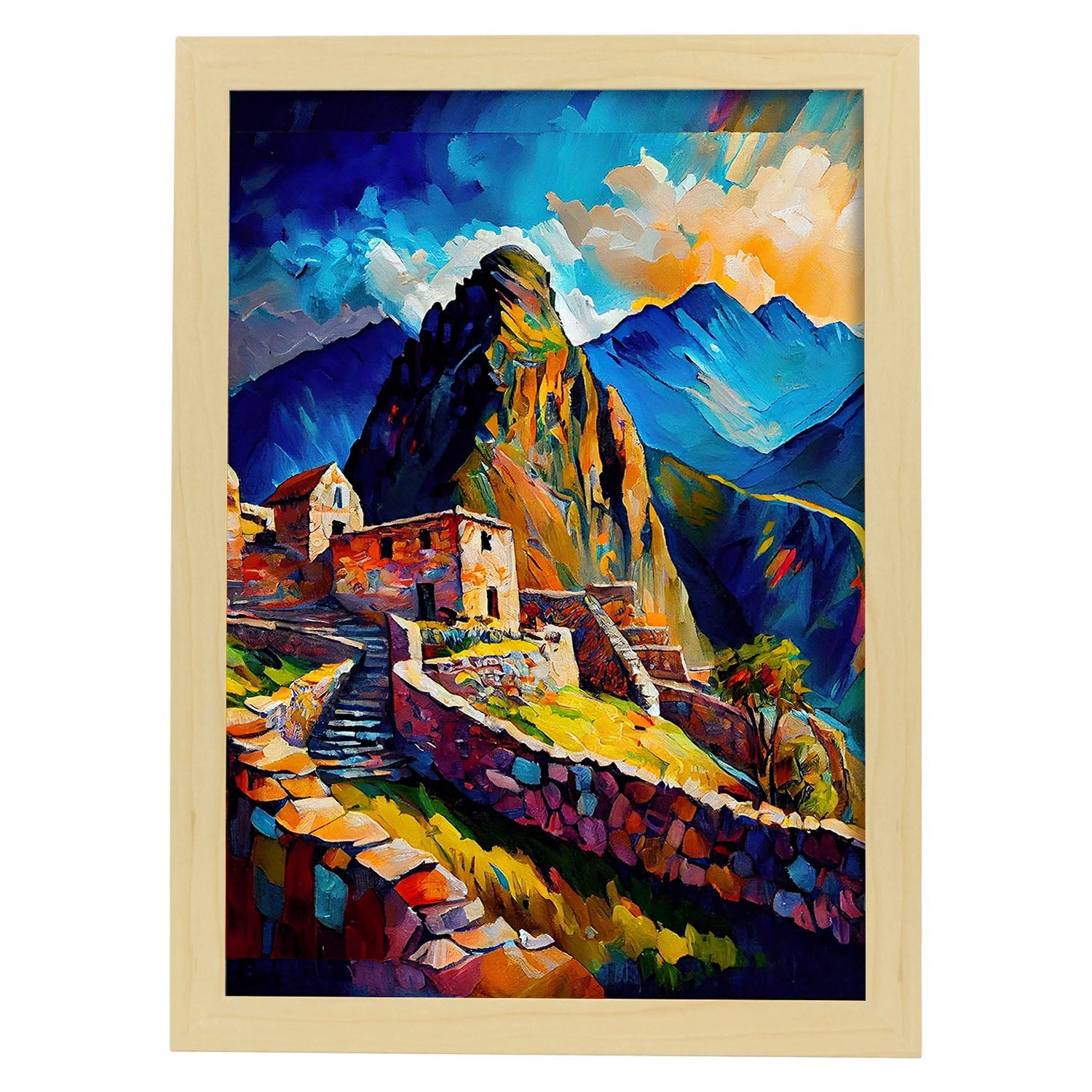 Montañas Nacnic Machu Picchu Antes Perú Pinción al óleo. Estampados de arte de pared estético para el diseño de dormitorio o sala de estar.-Artwork-Nacnic-A4-Marco Madera clara-Nacnic Estudio SL