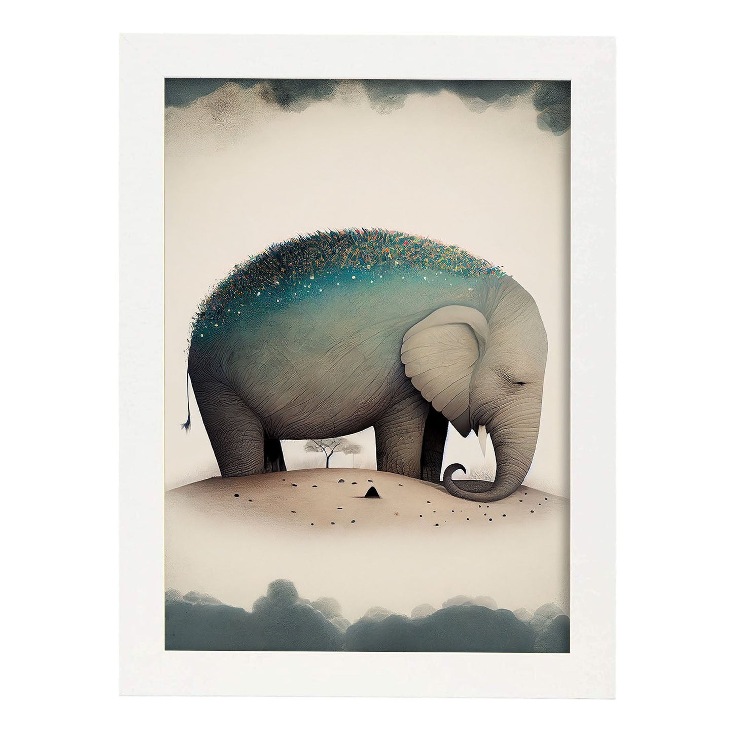 Nacnic Abstract Sleeping Fluffy Elephant Precisionism Style. Estampados de arte de pared estético para el diseño de dormitorio o sala de estar.-Artwork-Nacnic-A4-Marco Blanco-Nacnic Estudio SL