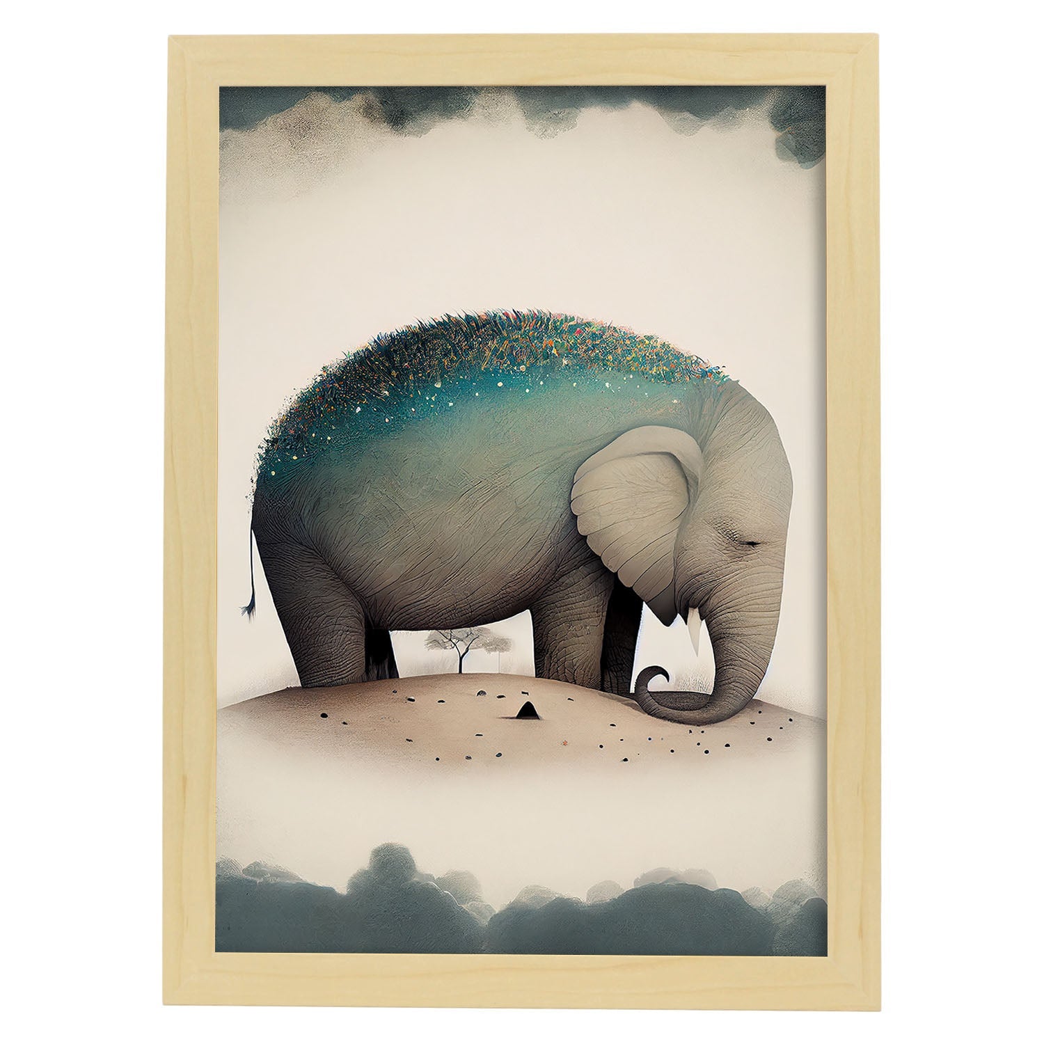 Nacnic Abstract Sleeping Fluffy Elephant Precisionism Style. Estampados de arte de pared estético para el diseño de dormitorio o sala de estar.-Artwork-Nacnic-A4-Marco Madera clara-Nacnic Estudio SL