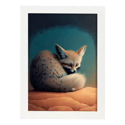 Nacnic Abstract Sleeping Fluffy Fennec Fox Precisionism Sty. Estampados de arte de pared estético para el diseño de dormitorio o sala de estar.-Artwork-Nacnic-A4-Marco Blanco-Nacnic Estudio SL