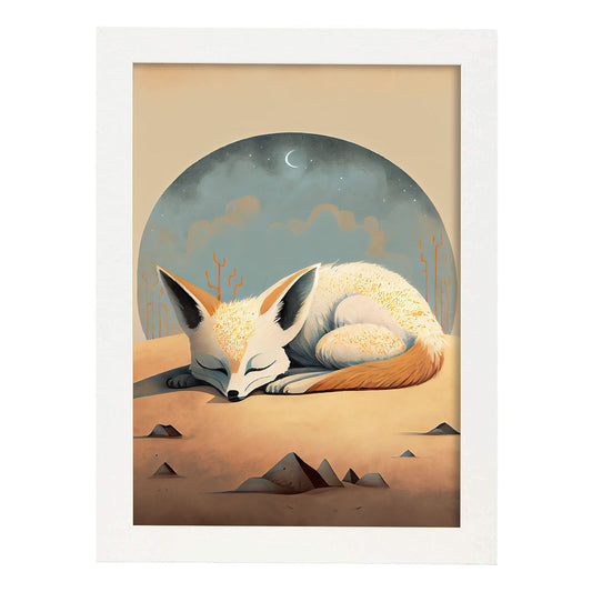 Nacnic Abstract Sleeping Fluffy Fennec Fox Precisionism. Estampados de arte de pared estético para el diseño de dormitorio o sala de estar.-Artwork-Nacnic-A4-Marco Blanco-Nacnic Estudio SL