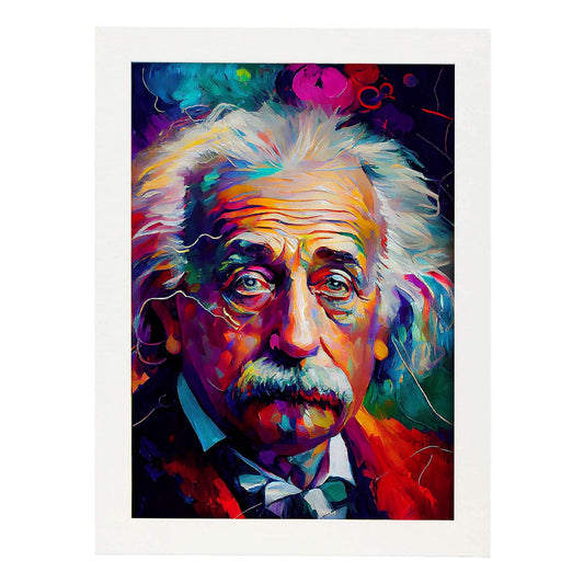 Nacnic Albert Einstein Pintura al óleo de los golpes coloridos. Estampados de arte de pared estético para el diseño de dormitorio o sala de estar.-Artwork-Nacnic-A4-Marco Blanco-Nacnic Estudio SL