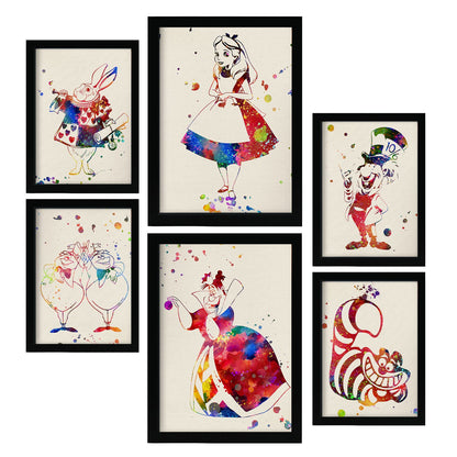 Set de 6 láminas acuarela de Alicia en el País de las Maravillas con personajes clásicos como Alicia, Sombrerero y Reina para decorar espacios infantiles – 2 grandes y 4 medianos