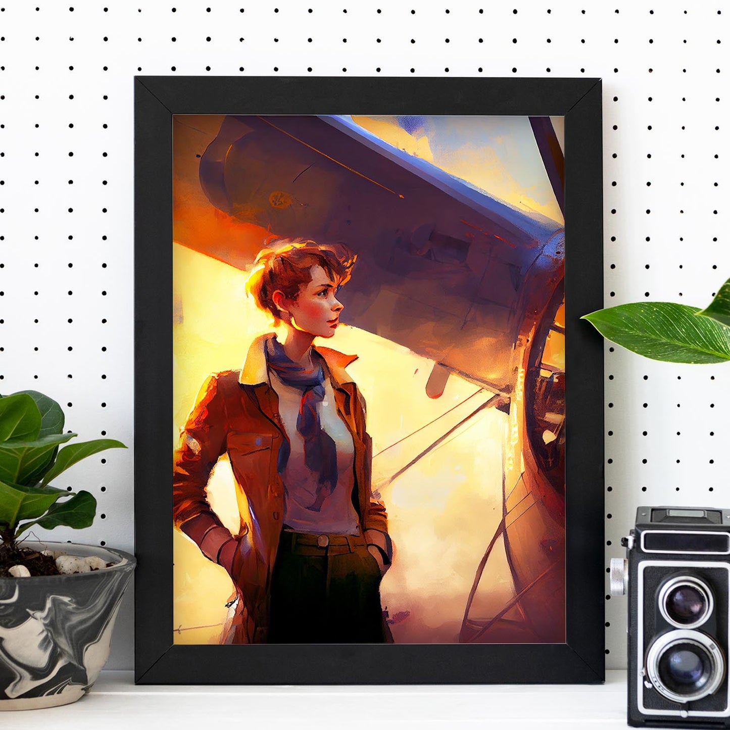 Nacnic Amelia Earhart de pie cerca de un estilo de Pixar liso. Estampados de arte de pared estético para el diseño de dormitorio o sala de estar.-Artwork-Nacnic-Nacnic Estudio SL