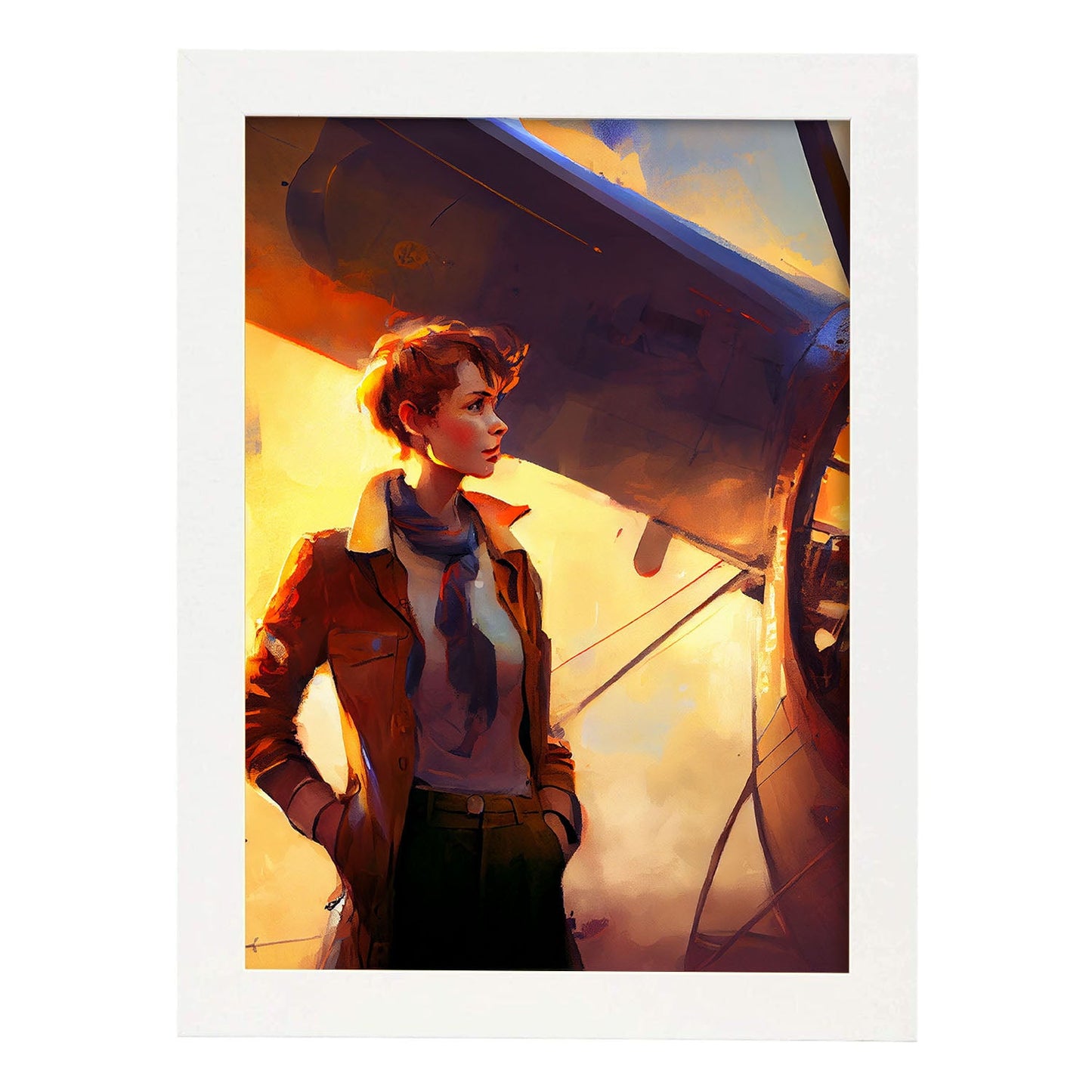 Nacnic Amelia Earhart de pie cerca de un estilo de Pixar liso. Estampados de arte de pared estético para el diseño de dormitorio o sala de estar.-Artwork-Nacnic-A4-Marco Blanco-Nacnic Estudio SL
