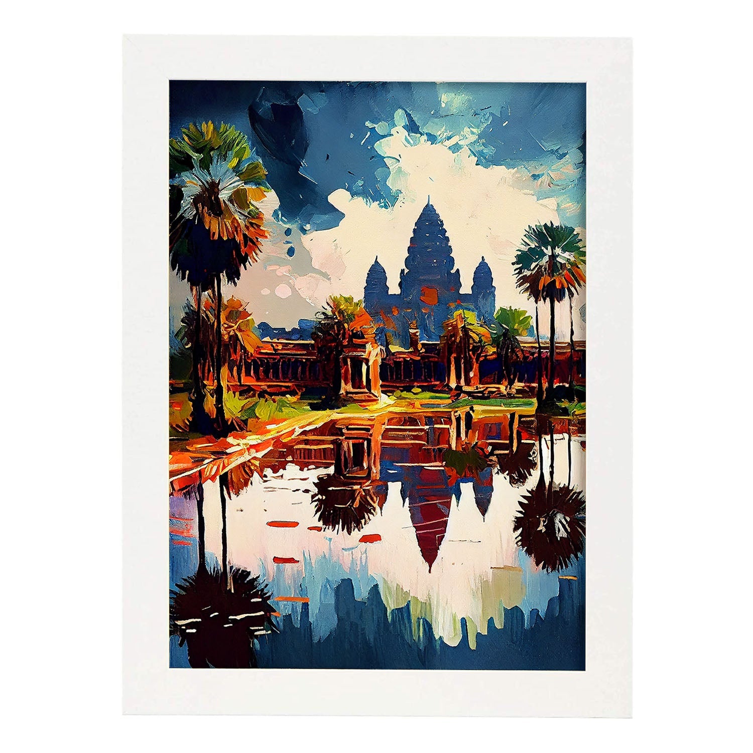 Nacnic Angkor Wat Siem Reap Camboya Cepillo de pintura al óleo Str. Estampados de arte de pared estético para el diseño de dormitorio o sala de estar.-Artwork-Nacnic-A4-Marco Blanco-Nacnic Estudio SL