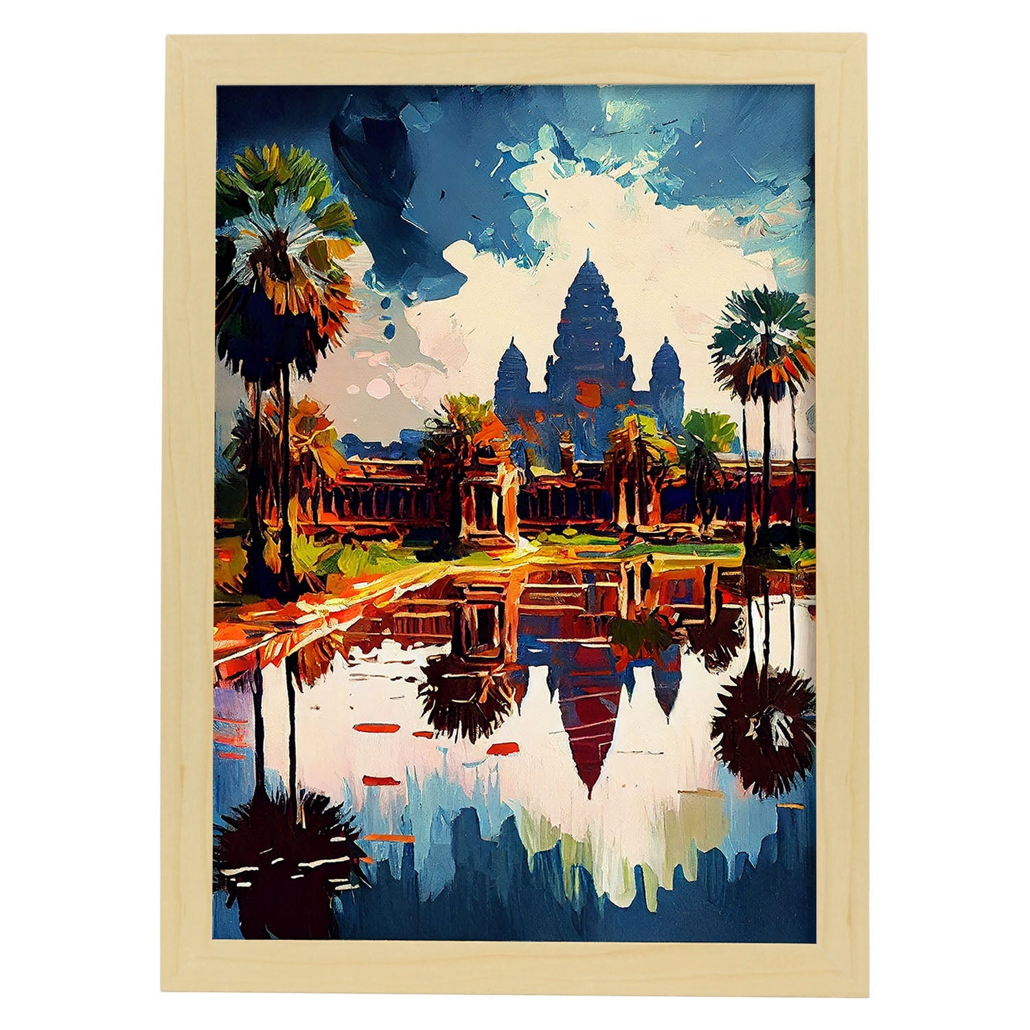 Nacnic Angkor Wat Siem Reap Camboya Cepillo de pintura al óleo Str. Estampados de arte de pared estético para el diseño de dormitorio o sala de estar.-Artwork-Nacnic-A4-Marco Madera clara-Nacnic Estudio SL