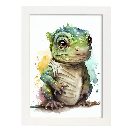 Nacnic baby iguana schatling sobre fondo blanco sonriendo nosotros. Estampados de arte de pared estético para el diseño de dormitorio o sala de estar.-Artwork-Nacnic-A4-Marco Blanco-Nacnic Estudio SL