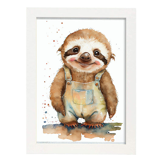 Nacnic Baby Sloth Baby sobre fondo blanco sonriendo. Estampados de arte de pared estético para el diseño de dormitorio o sala de estar.-Artwork-Nacnic-A4-Marco Blanco-Nacnic Estudio SL