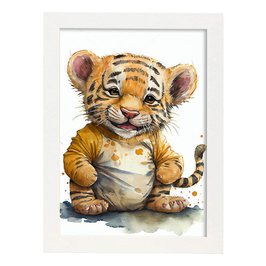 Nacnic Baby Tiger Cub sobre fondo blanco sonriendo con s. Estampados de arte de pared estético para el diseño de dormitorio o sala de estar.-Artwork-Nacnic-A4-Marco Blanco-Nacnic Estudio SL