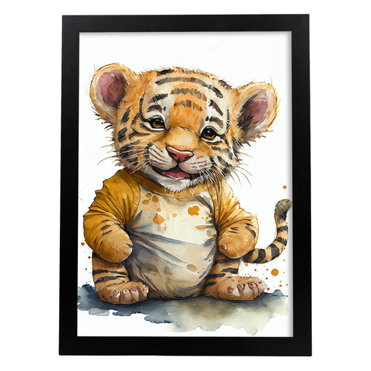 Nacnic Baby Tiger Cub sobre fondo blanco sonriendo con s. Estampados de arte de pared estético para el diseño de dormitorio o sala de estar.-Artwork-Nacnic-A4-Sin marco-Nacnic Estudio SL