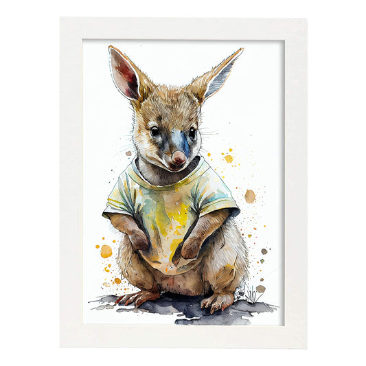 Nacnic Baby Wallaby Joey sobre fondo blanco sonriendo con Wearin. Estampados de arte de pared estético para el diseño de dormitorio o sala de estar.-Artwork-Nacnic-A4-Marco Blanco-Nacnic Estudio SL