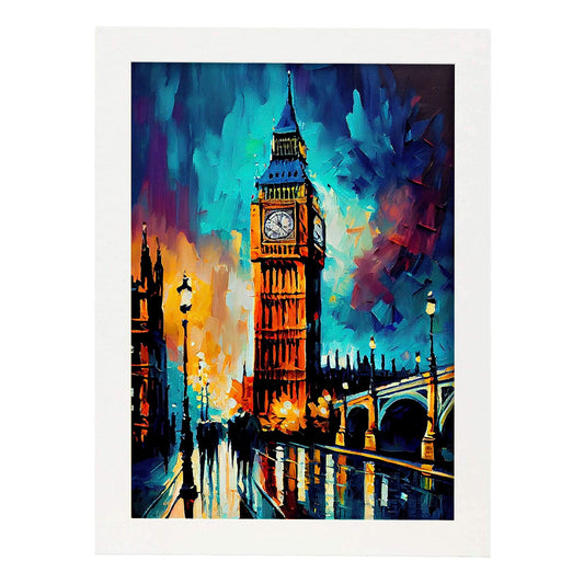 Nacnic Big Ben London Inglaterra Pintura al óleo Strokes co. Estampados de arte de pared estético para el diseño de dormitorio o sala de estar.-Artwork-Nacnic-A4-Marco Blanco-Nacnic Estudio SL