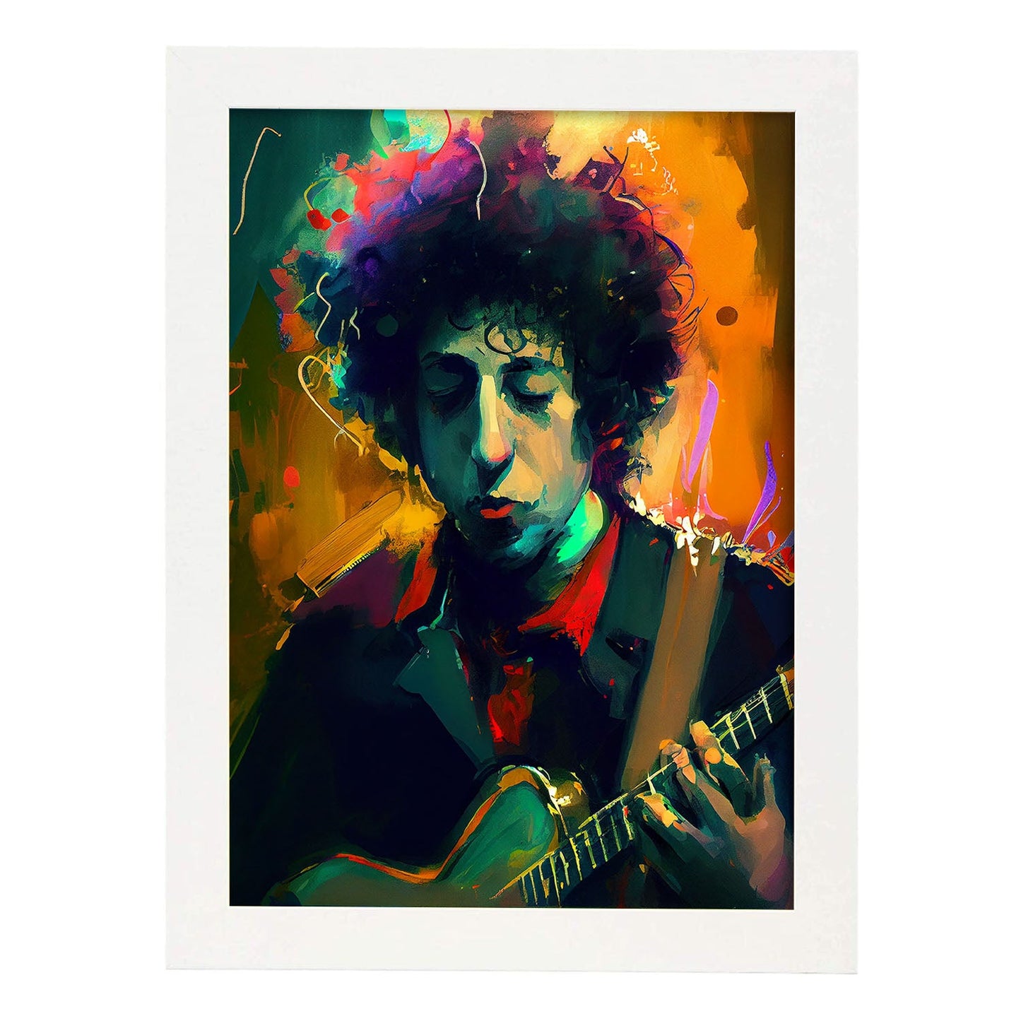Nacnic Bob Dylan Palying The Guitar Pixar Style Dynamic Fig. Estampados de arte de pared estético para el diseño de dormitorio o sala de estar.-Artwork-Nacnic-A4-Marco Blanco-Nacnic Estudio SL