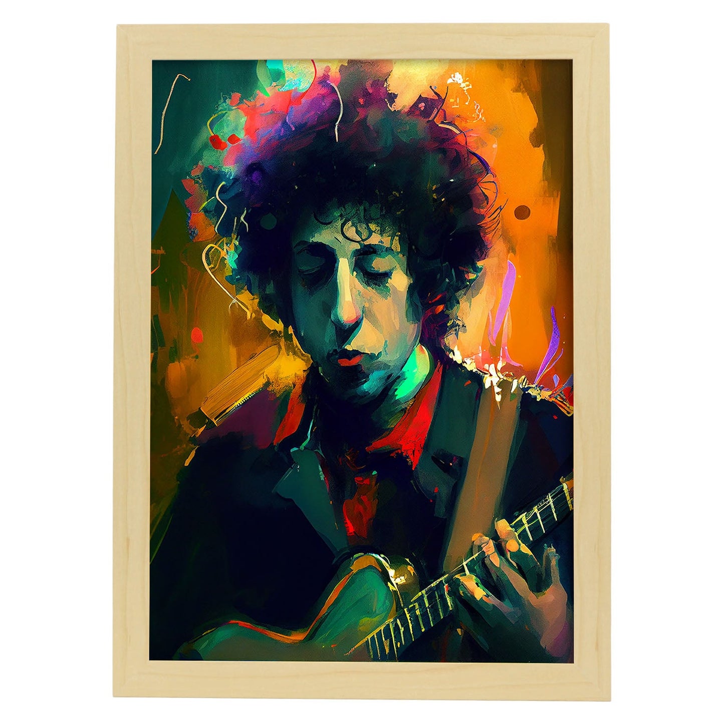 Nacnic Bob Dylan Palying The Guitar Pixar Style Dynamic Fig. Estampados de arte de pared estético para el diseño de dormitorio o sala de estar.-Artwork-Nacnic-A4-Marco Madera clara-Nacnic Estudio SL
