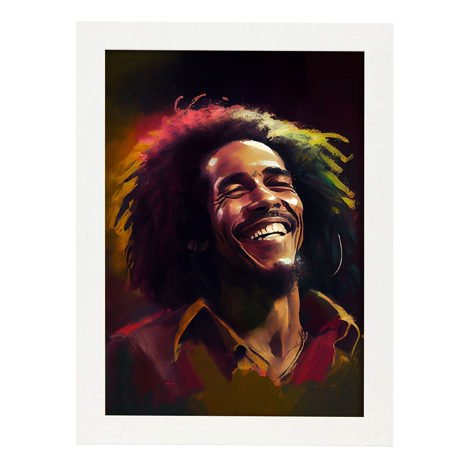 Nacnic Bob Marley sonriendo a la figura dinámica de estilo Pixar dibujando. Estampados de arte de pared estético para el diseño de dormitorio o sala de estar.-Artwork-Nacnic-A4-Marco Blanco-Nacnic Estudio SL