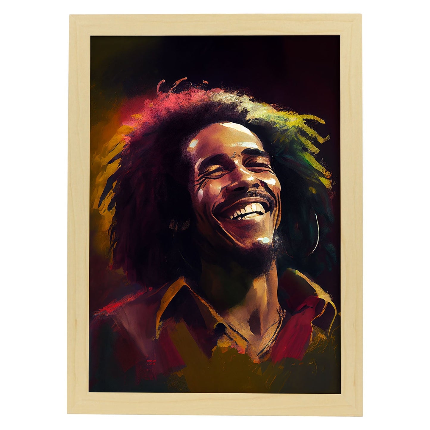 Nacnic Bob Marley sonriendo a la figura dinámica de estilo Pixar dibujando. Estampados de arte de pared estético para el diseño de dormitorio o sala de estar.-Artwork-Nacnic-A4-Marco Madera clara-Nacnic Estudio SL