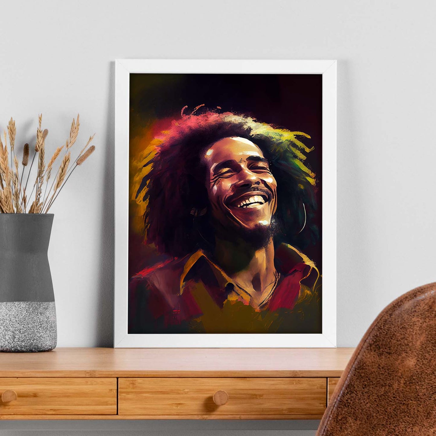 Nacnic Bob Marley sonriendo a la figura dinámica de estilo Pixar dibujando. Estampados de arte de pared estético para el diseño de dormitorio o sala de estar.-Artwork-Nacnic-Nacnic Estudio SL