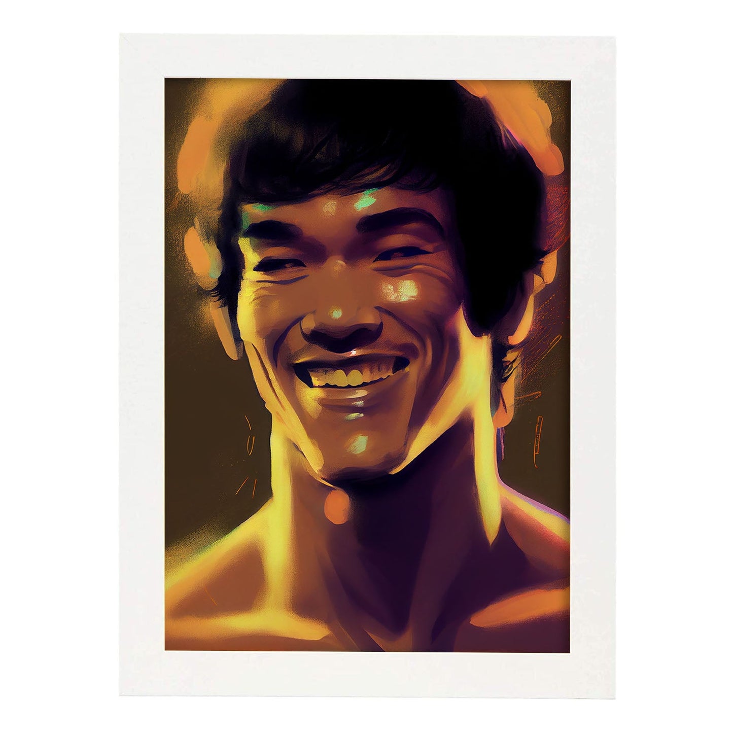 Nacnic Bruce Lee sonriendo al estilo de figura dinámica de estilo Pixar. Estampados de arte de pared estético para el diseño de dormitorio o sala de estar.-Artwork-Nacnic-A4-Marco Blanco-Nacnic Estudio SL