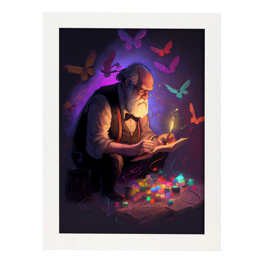 Nacnic Charles Darwin creando sus teorías Pixar Style Dyn. Estampados de arte de pared estético para el diseño de dormitorio o sala de estar.-Artwork-Nacnic-A4-Marco Blanco-Nacnic Estudio SL
