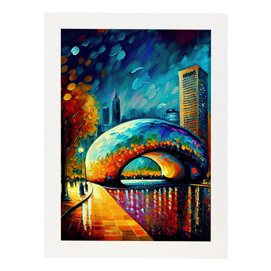 Nacnic Cloud Gate Chicago Illinois USA Pintura al óleo s. Estampados de arte de pared estético para el diseño de dormitorio o sala de estar.-Artwork-Nacnic-A4-Marco Blanco-Nacnic Estudio SL