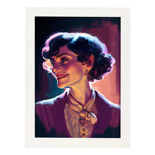 Nacnic Coco Chanel sonriendo Pixar estilo dinámico Drawi. Estampados de arte de pared estético para el diseño de dormitorio o sala de estar.-Artwork-Nacnic-A4-Marco Blanco-Nacnic Estudio SL