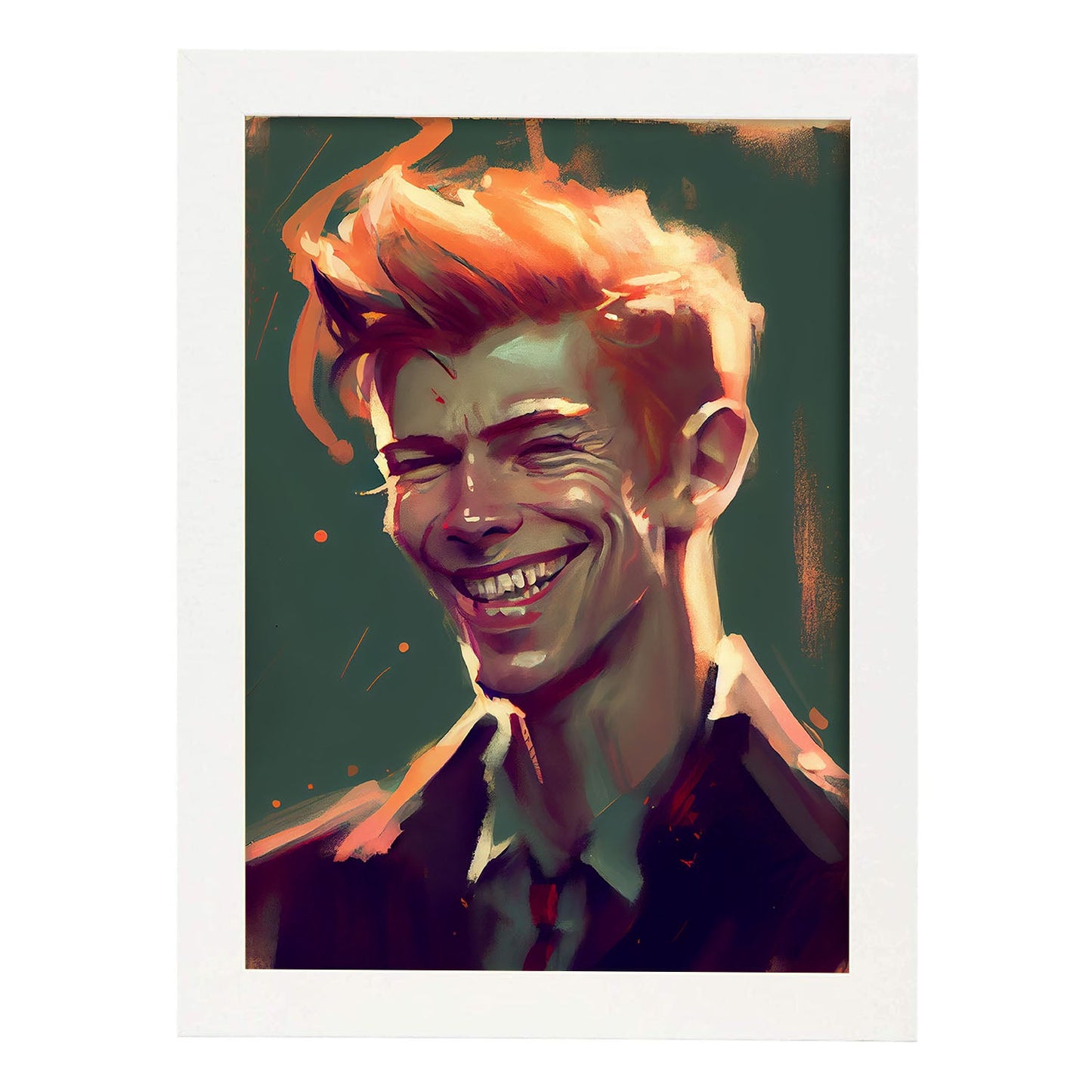 Nacnic David Bowie sonriendo a la figura dinámica de estilo Pixar Drawi. Estampados de arte de pared estético para el diseño de dormitorio o sala de estar.-Artwork-Nacnic-A4-Marco Blanco-Nacnic Estudio SL