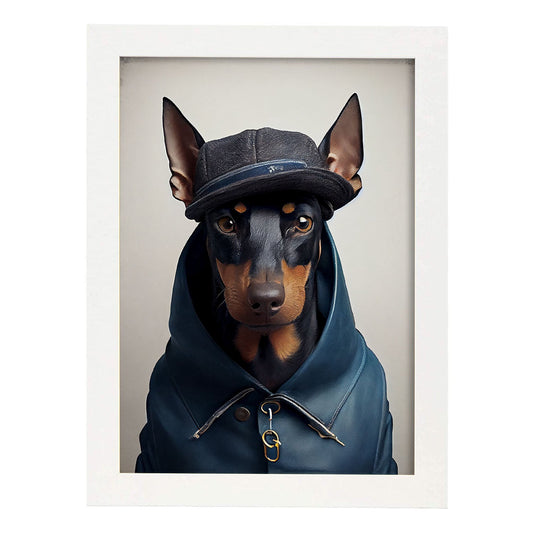 Nacnic Doberman Pinscher disfrazado de humano. Estampados de arte de pared estético para el diseño de dormitorio o sala de estar.-Artwork-Nacnic-A4-Marco Blanco-Nacnic Estudio SL