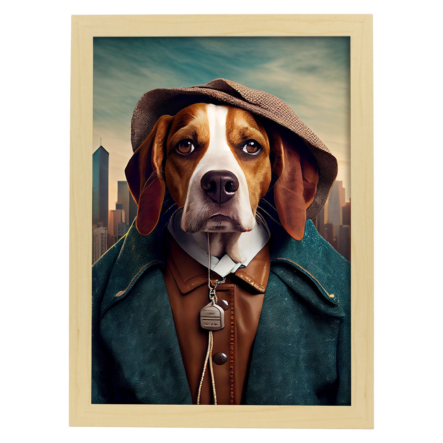 Nacnic Dog Beagle vestido con accesorios de ropa humana. Estampados de arte de pared estético para el diseño de dormitorio o sala de estar.-Artwork-Nacnic-A4-Marco Madera clara-Nacnic Estudio SL