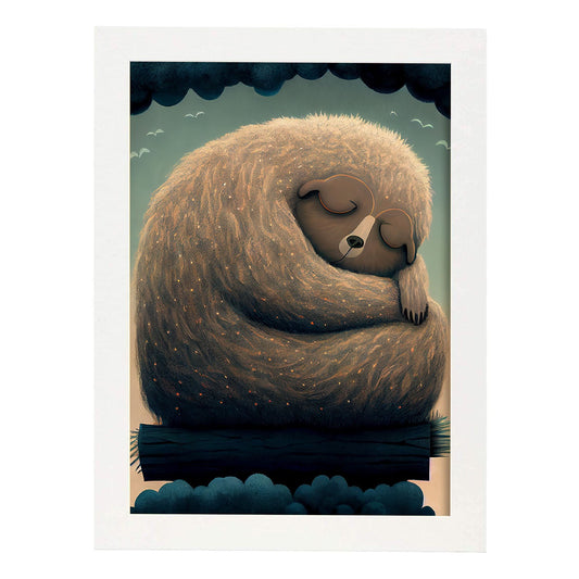 Nacnic Dreing Sleeping Fluffy Sloth Precisionism Style. Estampados de arte de pared estético para el diseño de dormitorio o sala de estar.-Artwork-Nacnic-A4-Marco Blanco-Nacnic Estudio SL