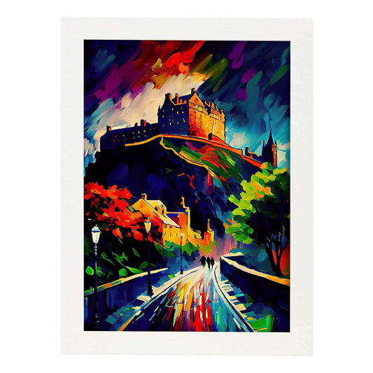 Nacnic Edimburgo Castillo Edimburgo Escocia Pintura al óleo Bru. Estampados de arte de pared estético para el diseño de dormitorio o sala de estar.-Artwork-Nacnic-A4-Marco Blanco-Nacnic Estudio SL