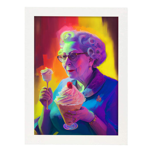 Nacnic Elizabeth II comiendo helado Pixar estilo dinámico FI. Estampados de arte de pared estético para el diseño de dormitorio o sala de estar.-Artwork-Nacnic-A4-Marco Blanco-Nacnic Estudio SL