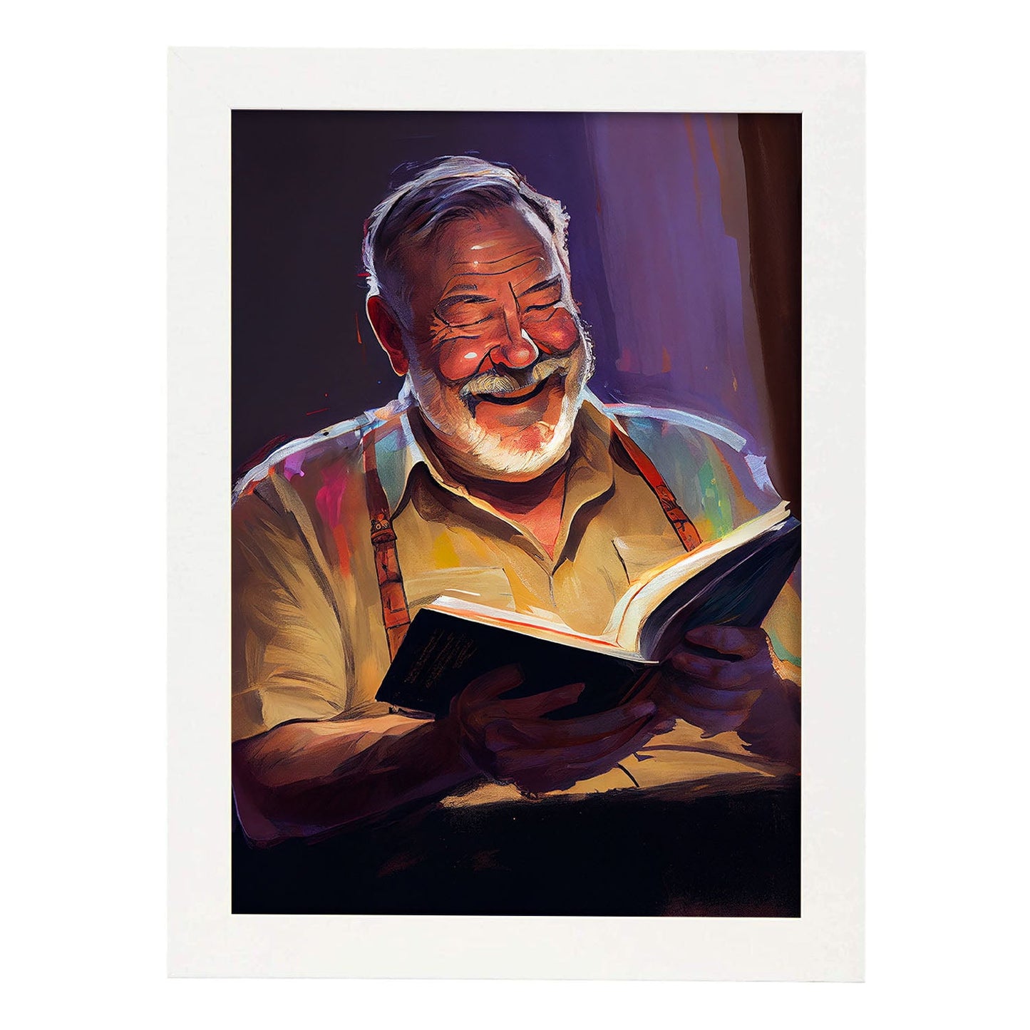 Nacnic Ernest Hemingway riendo y leyendo un libro Pixar s. Estampados de arte de pared estético para el diseño de dormitorio o sala de estar.-Artwork-Nacnic-A4-Marco Blanco-Nacnic Estudio SL