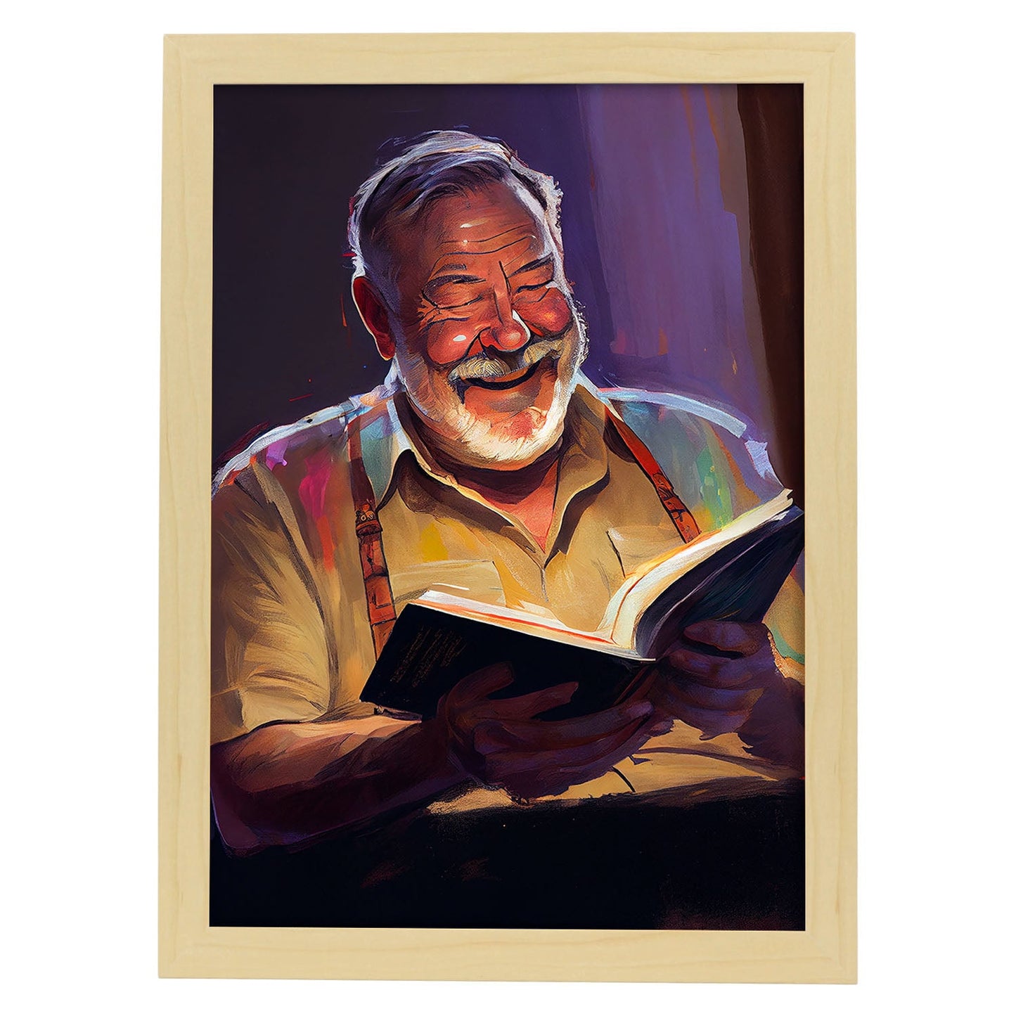 Nacnic Ernest Hemingway riendo y leyendo un libro Pixar s. Estampados de arte de pared estético para el diseño de dormitorio o sala de estar.-Artwork-Nacnic-A4-Marco Madera clara-Nacnic Estudio SL