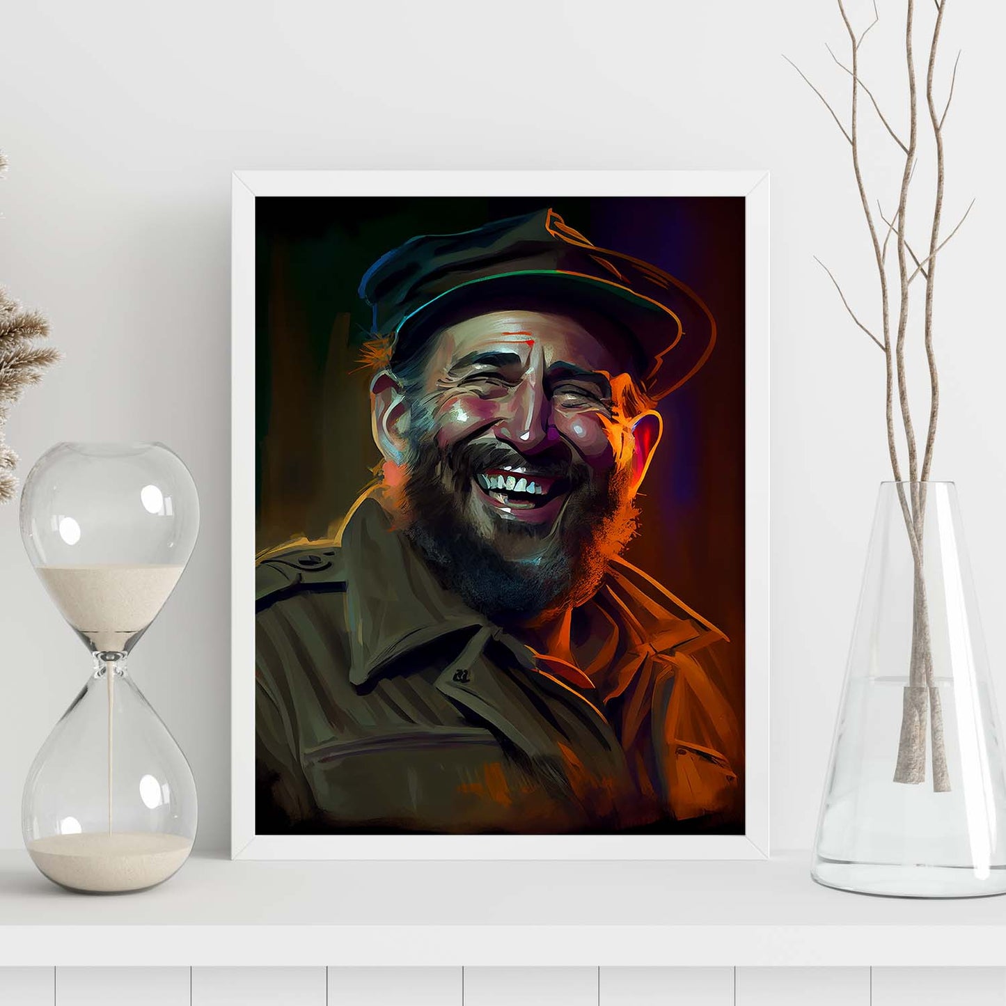 Nacnic Fidel Castro sonriendo a la figura dinámica de estilo Pixar. Estampados de arte de pared estético para el diseño de dormitorio o sala de estar.-Artwork-Nacnic-Nacnic Estudio SL