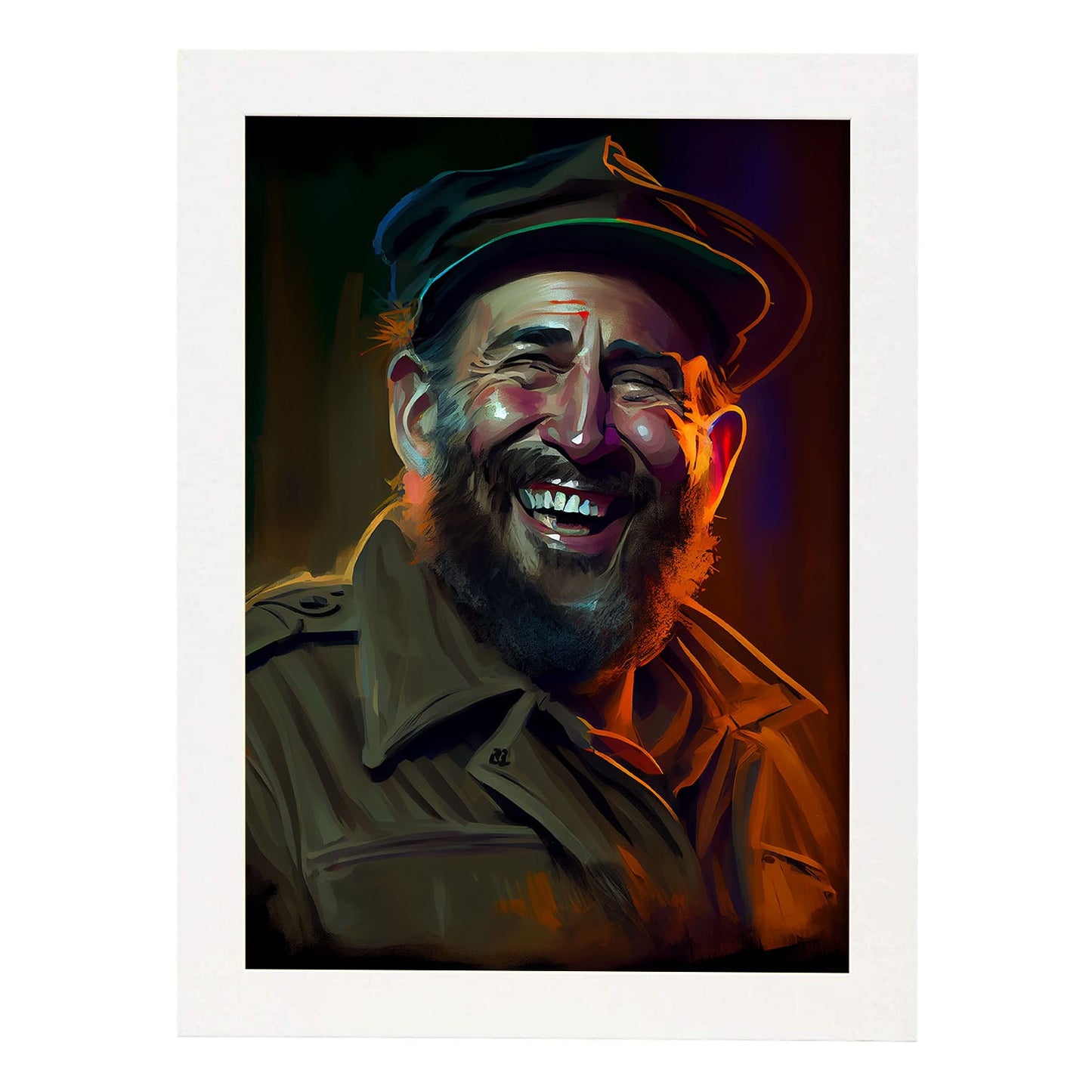 Nacnic Fidel Castro sonriendo a la figura dinámica de estilo Pixar. Estampados de arte de pared estético para el diseño de dormitorio o sala de estar.-Artwork-Nacnic-A4-Marco Blanco-Nacnic Estudio SL