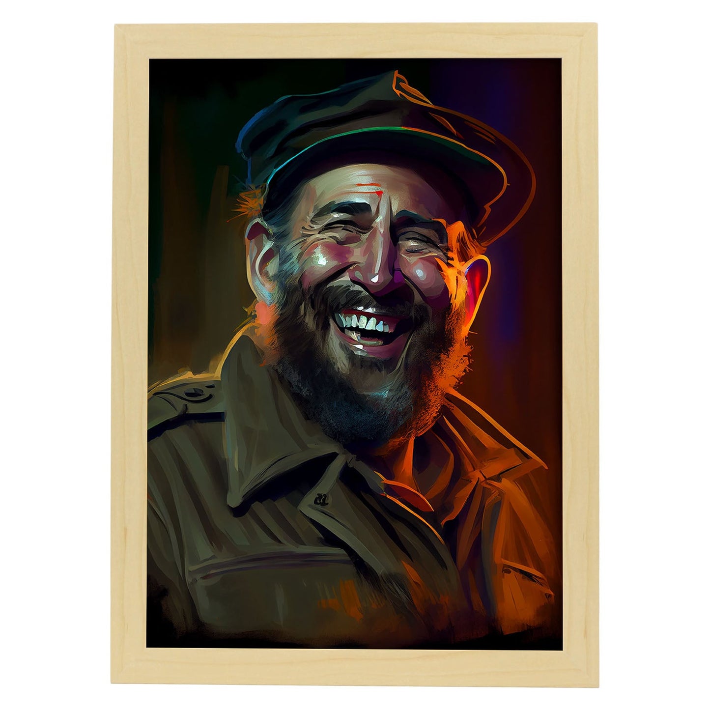 Nacnic Fidel Castro sonriendo a la figura dinámica de estilo Pixar. Estampados de arte de pared estético para el diseño de dormitorio o sala de estar.-Artwork-Nacnic-A4-Marco Madera clara-Nacnic Estudio SL
